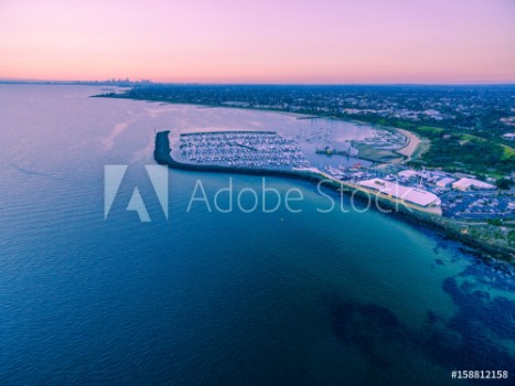 Picture of Aerial view of Sandringham Yacht club and marina at sunset Melbourne Victoria Australia